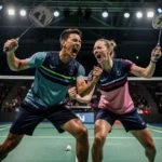 AI-generated illustration of badminton players; not a photograph of the Arctic Open match.