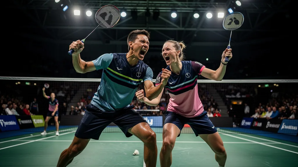 AI-generated illustration of badminton players; not a photograph of the Arctic Open match.