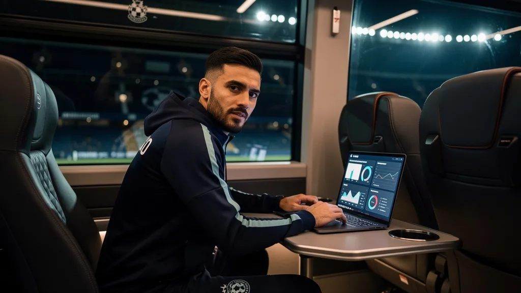 Premier League player studying sports management on a team bus
