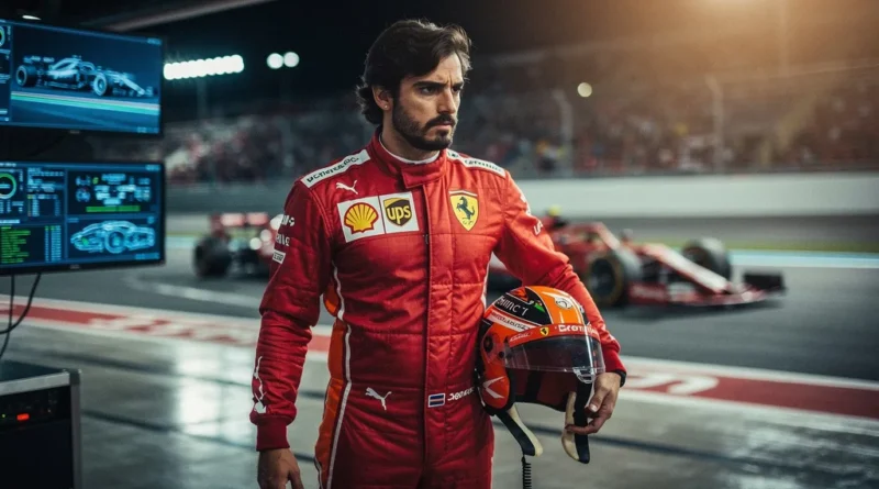Carlos Sainz looking concerned in the Ferrari pit lane during the Malaysian Grand Prix.