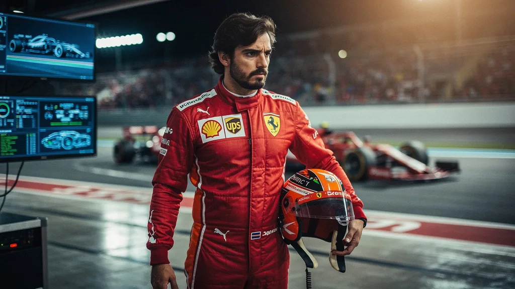 Carlos Sainz looking concerned in the Ferrari pit lane during the Malaysian Grand Prix.