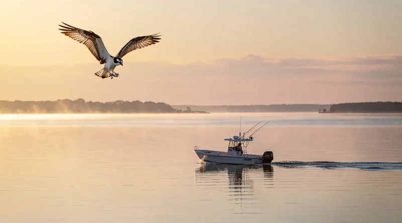 A fishing boat on the Chesapeake Bay at sunrise with an osprey in the sky.
