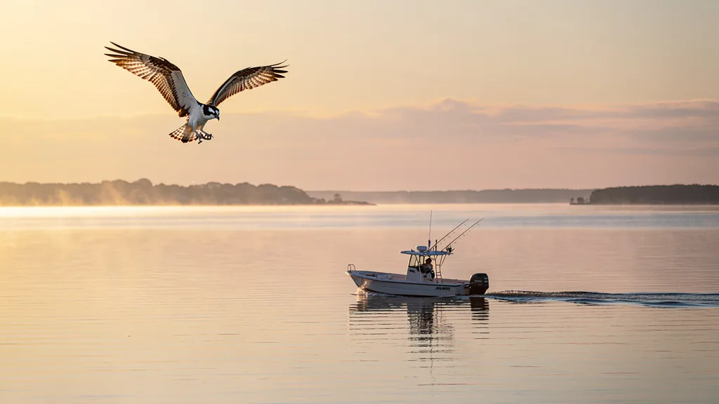 A fishing boat on the Chesapeake Bay at sunrise with an osprey in the sky.