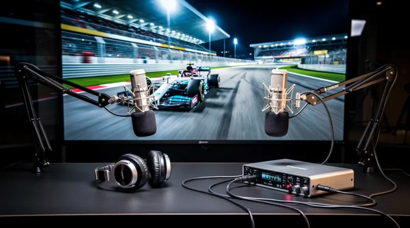 Professional podcast equipment with a Formula 1 car racing in the background