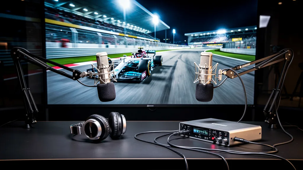 Professional podcast equipment with a Formula 1 car racing in the background