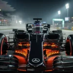 Formula 1 car racing under the lights at the Singapore Grand Prix in high humidity.