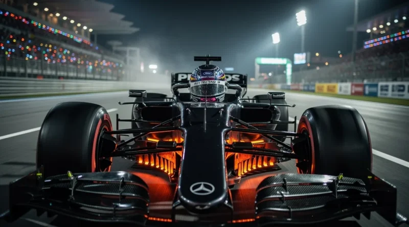 Formula 1 car racing under the lights at the Singapore Grand Prix in high humidity.