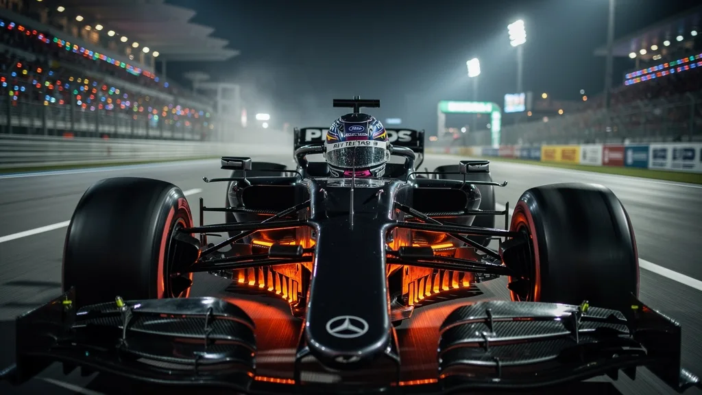 Formula 1 car racing under the lights at the Singapore Grand Prix in high humidity.