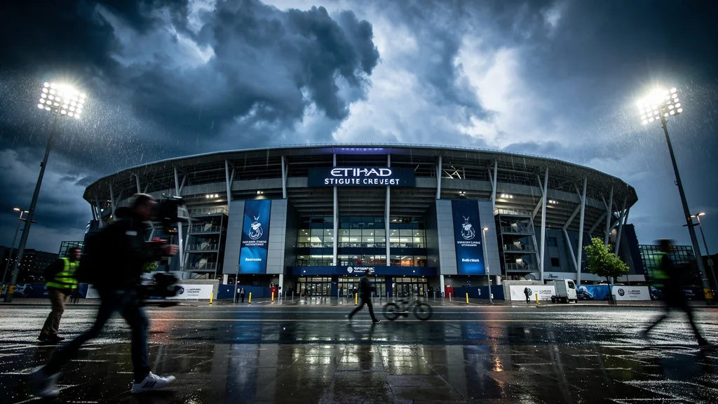Manchester City Etihad Stadium under a dark sky