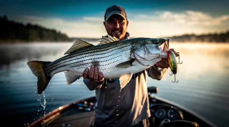 Angler holding a striped bass caught with a rattling lure