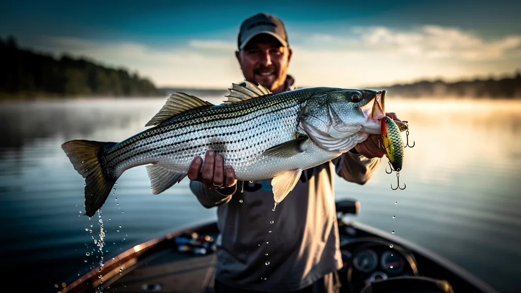 Angler holding a striped bass caught with a rattling lure