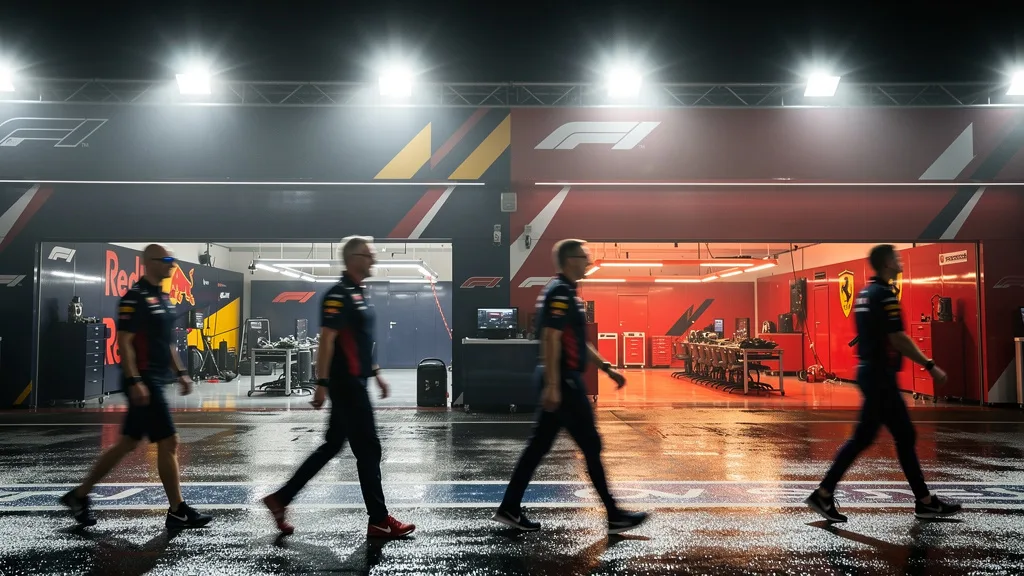 Formula 1 paddock at night featuring Red Bull and Ferrari team areas