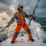 The new Simms Rip Line Pro offshore fishing jacket and bibs being worn on a boat.