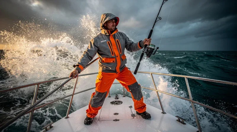 The new Simms Rip Line Pro offshore fishing jacket and bibs being worn on a boat.