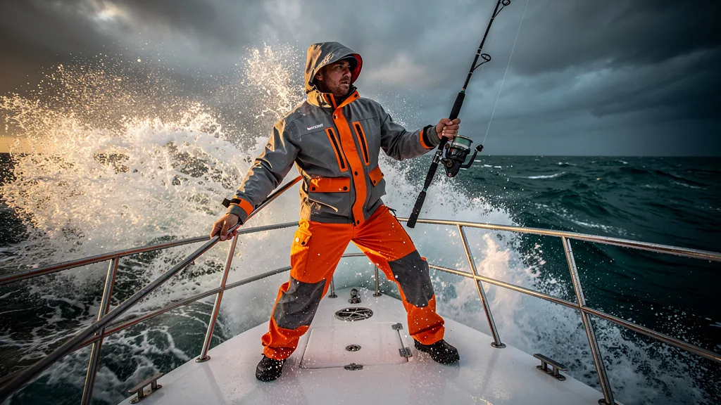 The new Simms Rip Line Pro offshore fishing jacket and bibs being worn on a boat.