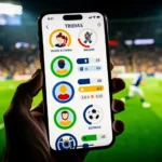 A person playing a football trivia quiz on their smartphone with a stadium background.
