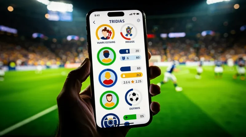 A person playing a football trivia quiz on their smartphone with a stadium background.