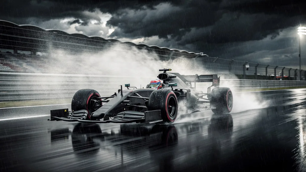 Formula 1 car racing in wet conditions with heavy water spray