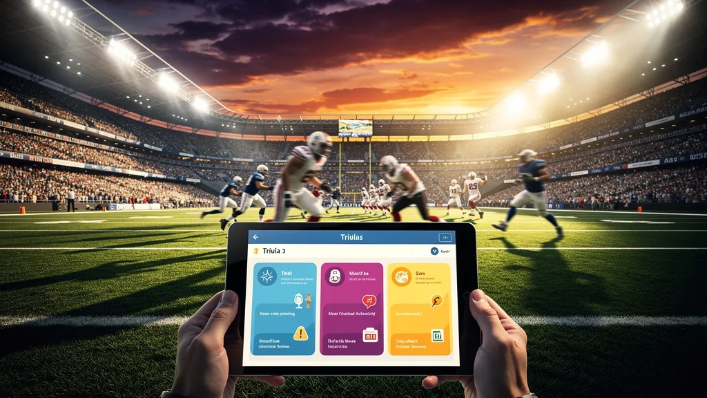 Football fan using a tablet to play a Premier League trivia quiz at a stadium